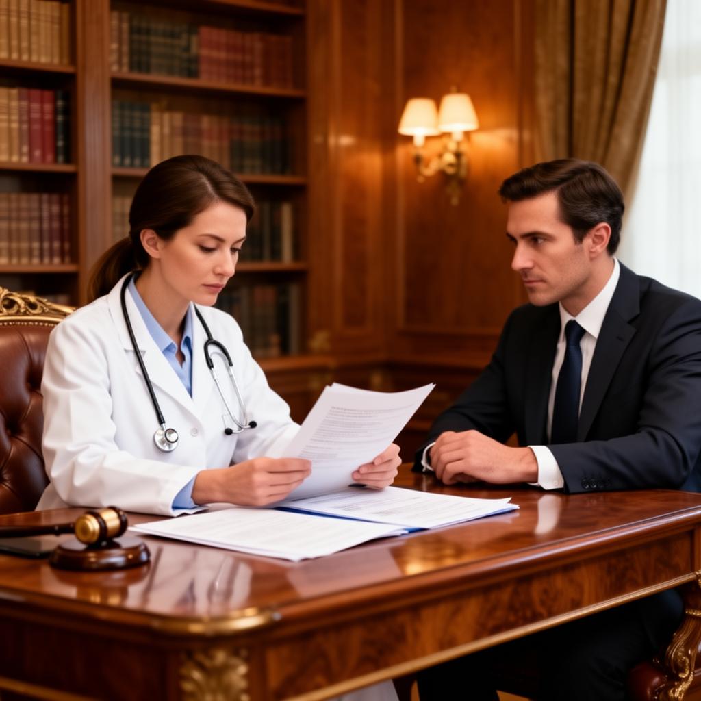 Médico perito apresentando laudo ao advogado